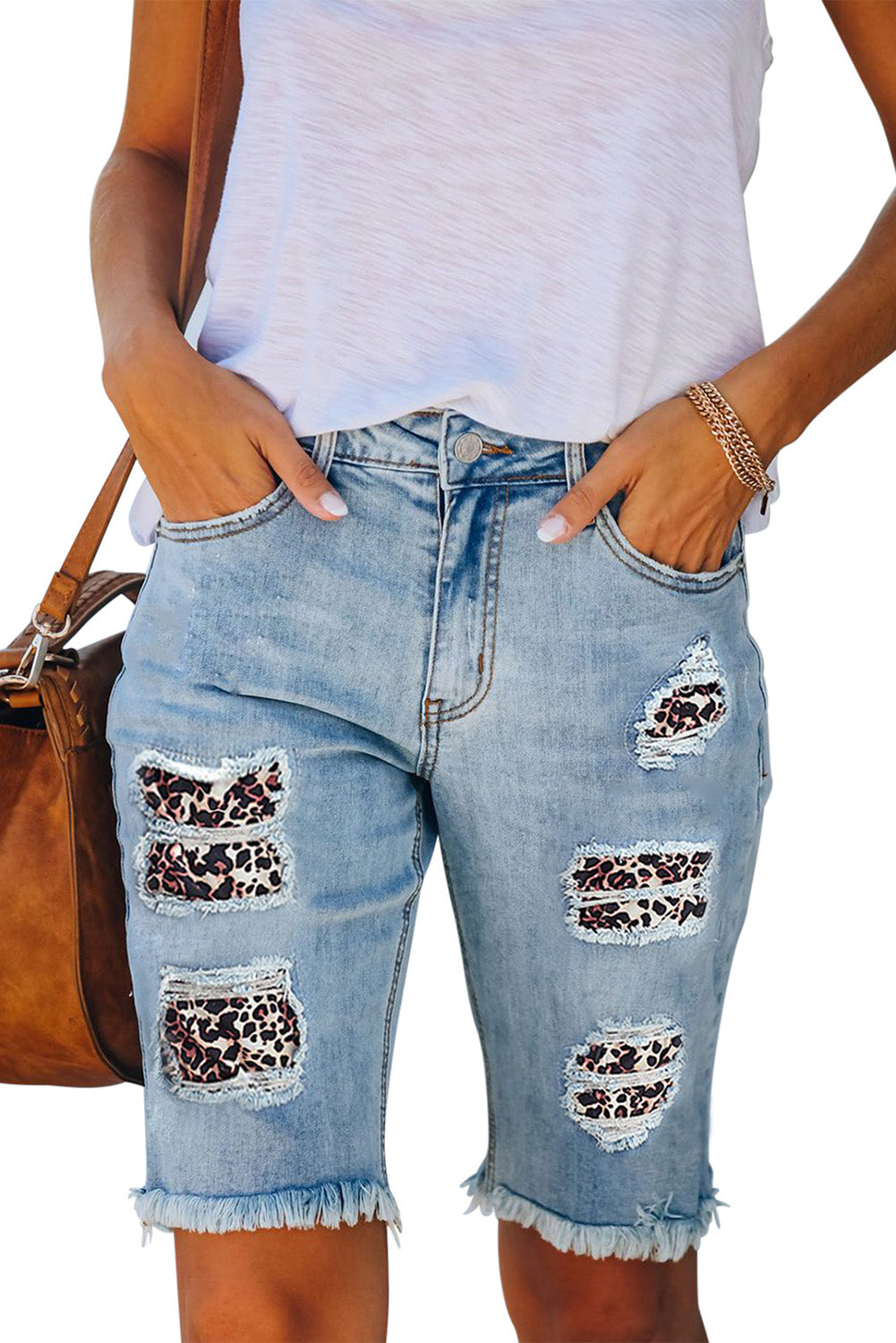 Mid-rise Ripped Leopard Patches Denim Bermuda Shorts