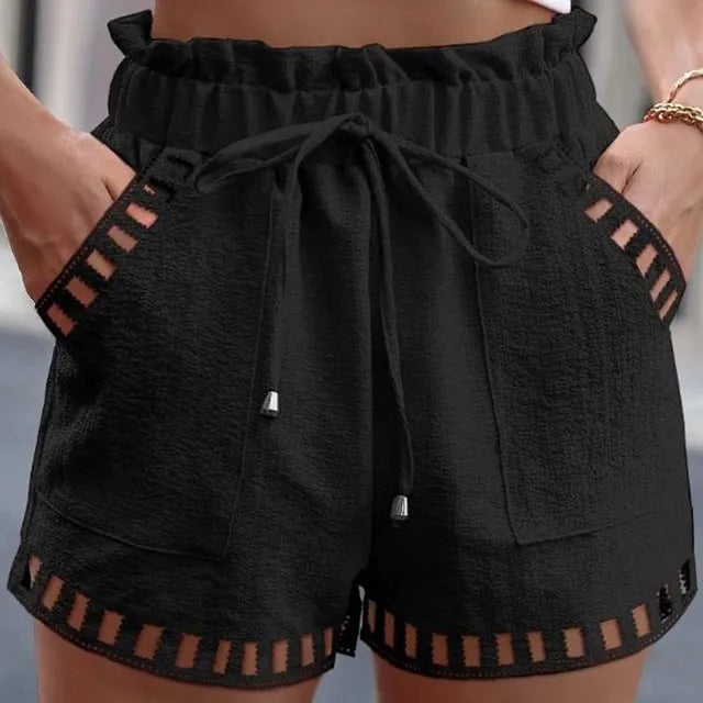 Cotton Linen Shorts Women'S Pants Solid Color Thin Hollow Out Design Trim Pocket Tight Waist Shorts Beachwear White Clothes