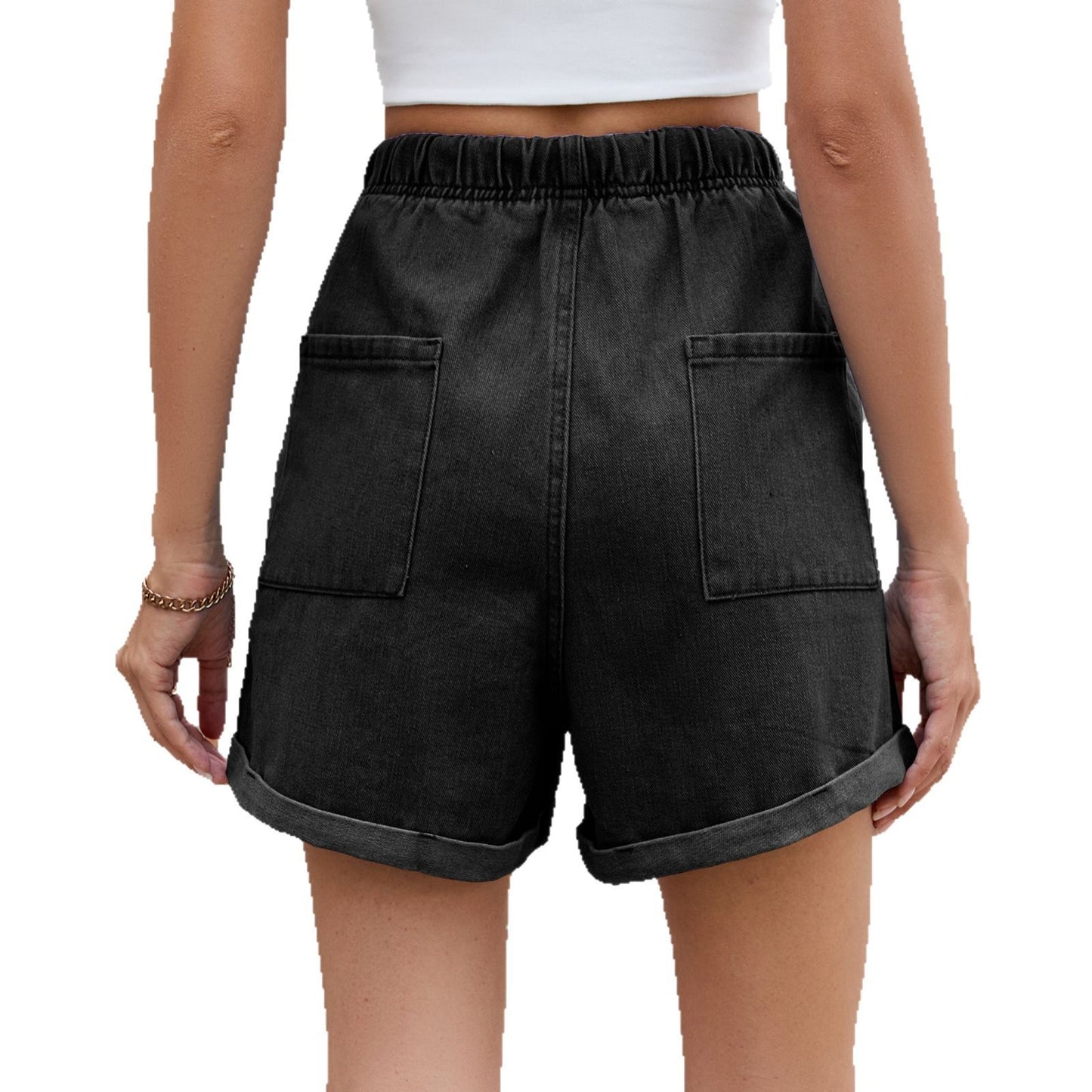 European and American rolled edge elastic waistband tied denim shorts for women