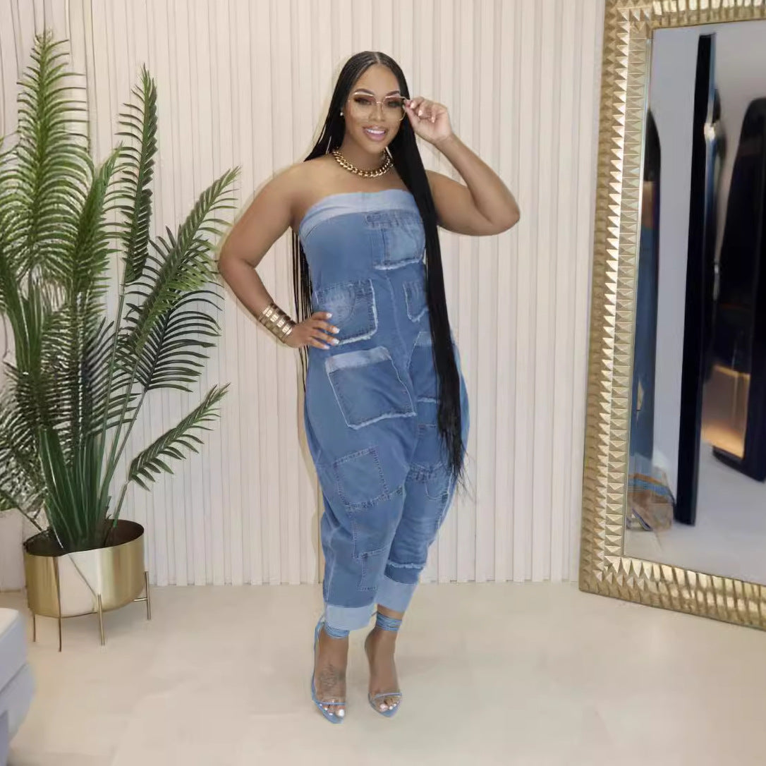 Cowboy workwear with multiple pockets and patchwork washable loose sleeveless jumpsuit