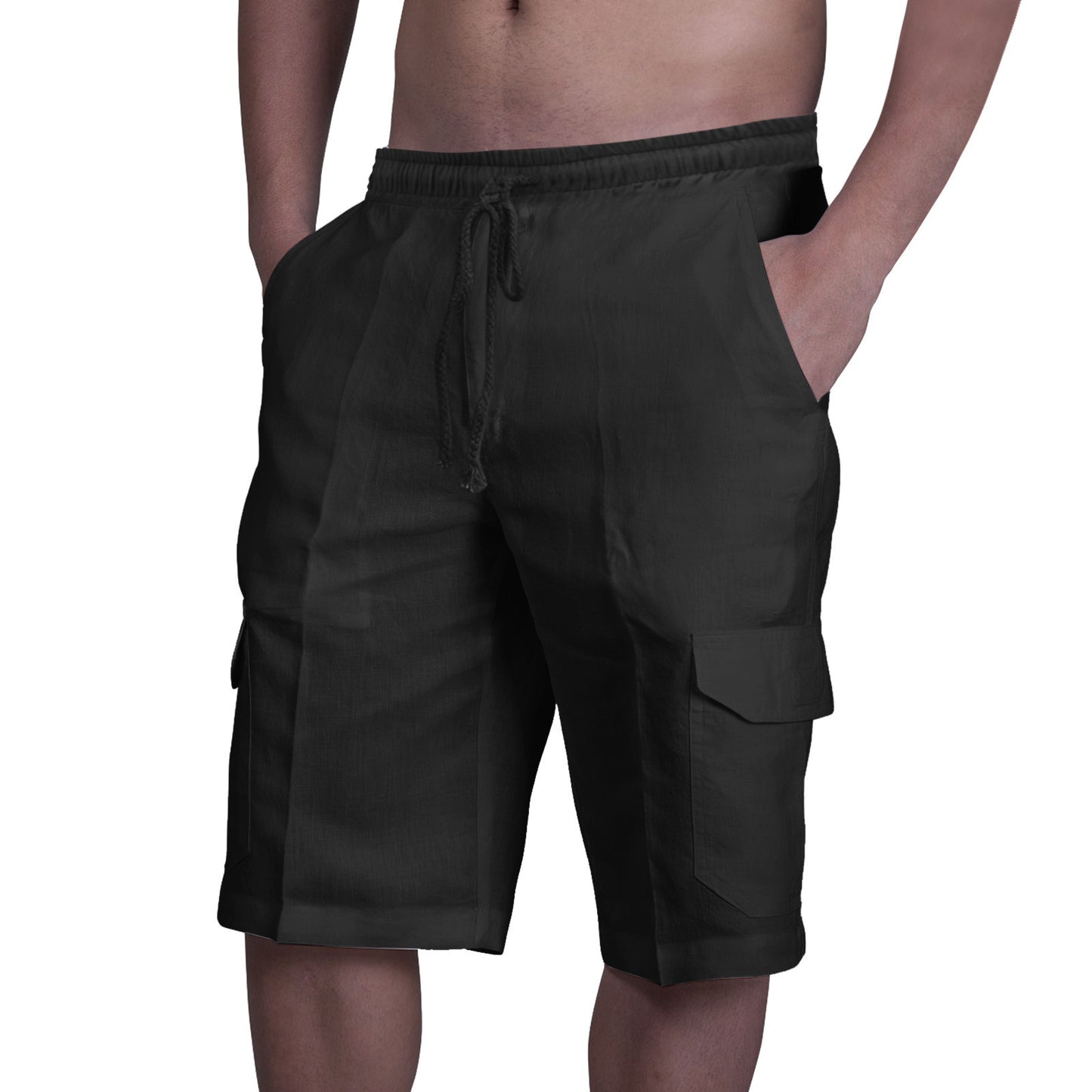 Linen shorts with multiple pockets and drawstring for men's beach work pants