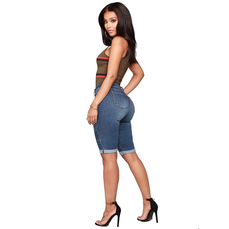Denim Bermuda Shorts Women Middle Rise Elastic Knee Length Shorts Summer Curvy Stretch Moto Short Jeans Pants