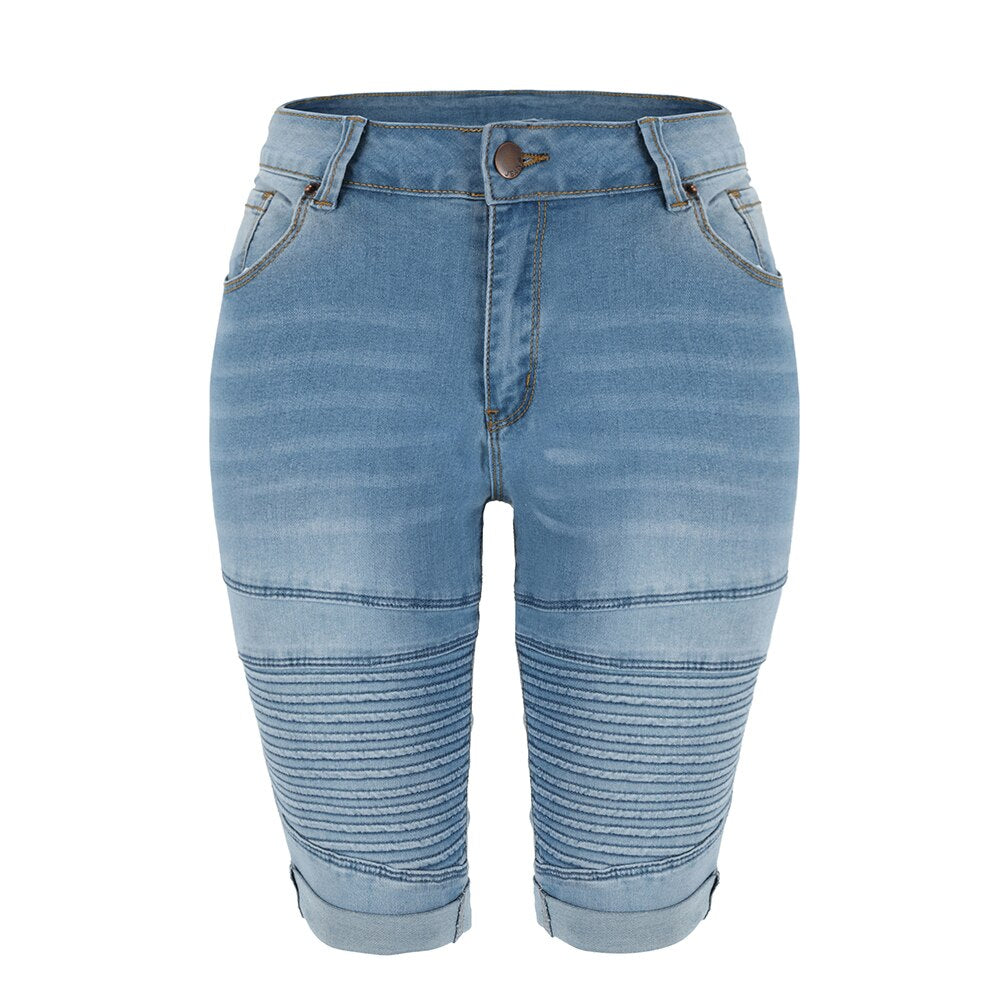 Denim Bermuda Shorts Women Middle Rise Elastic Knee Length Shorts Summer Curvy Stretch Moto Short Jeans Pants