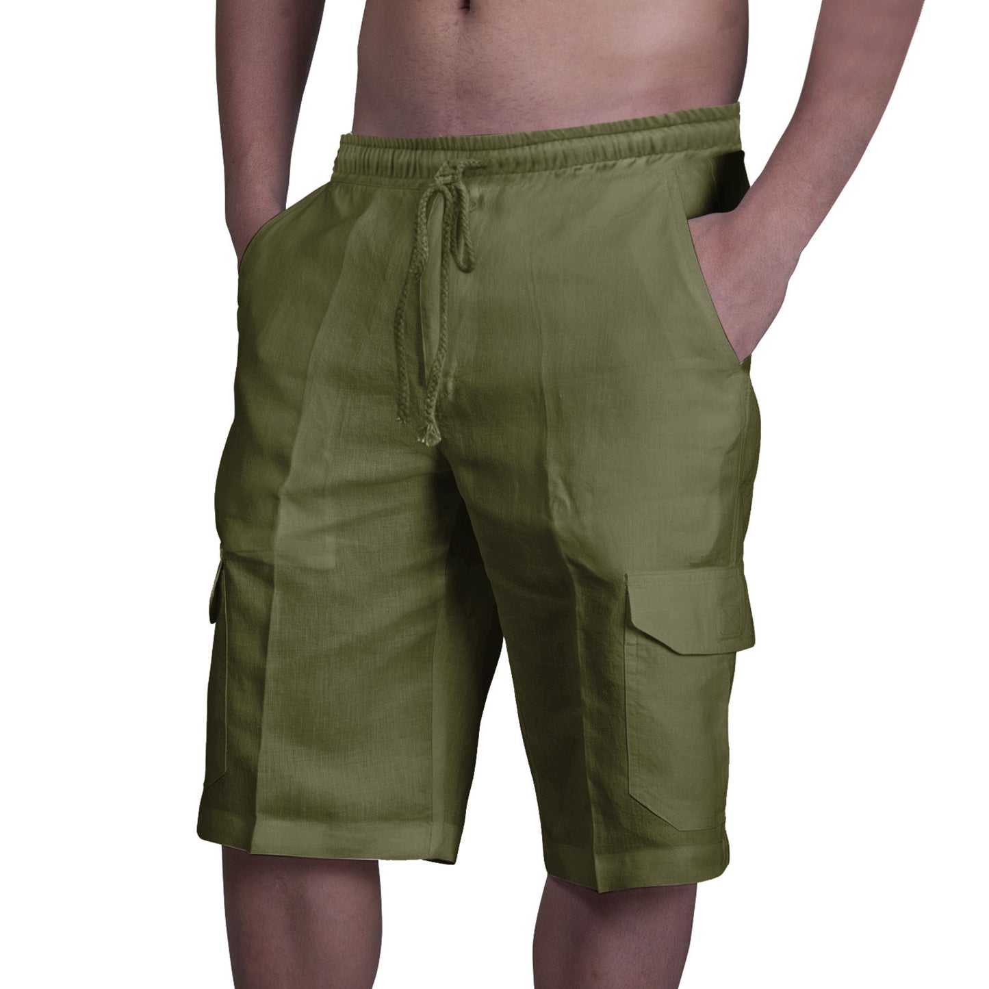 Linen shorts with multiple pockets and drawstring for men's beach work pants