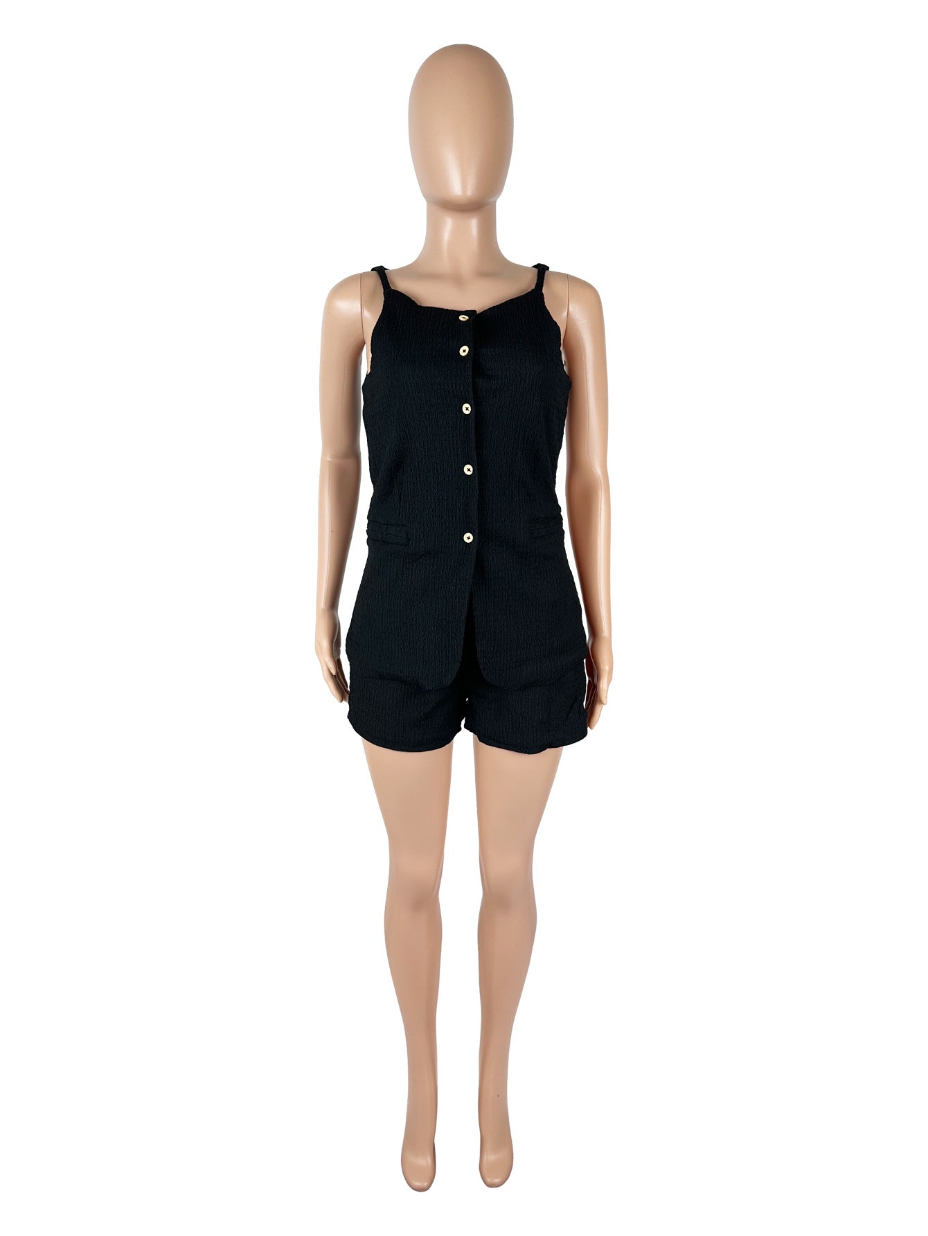 Strap Button Solid Color Vest and Shorts Set