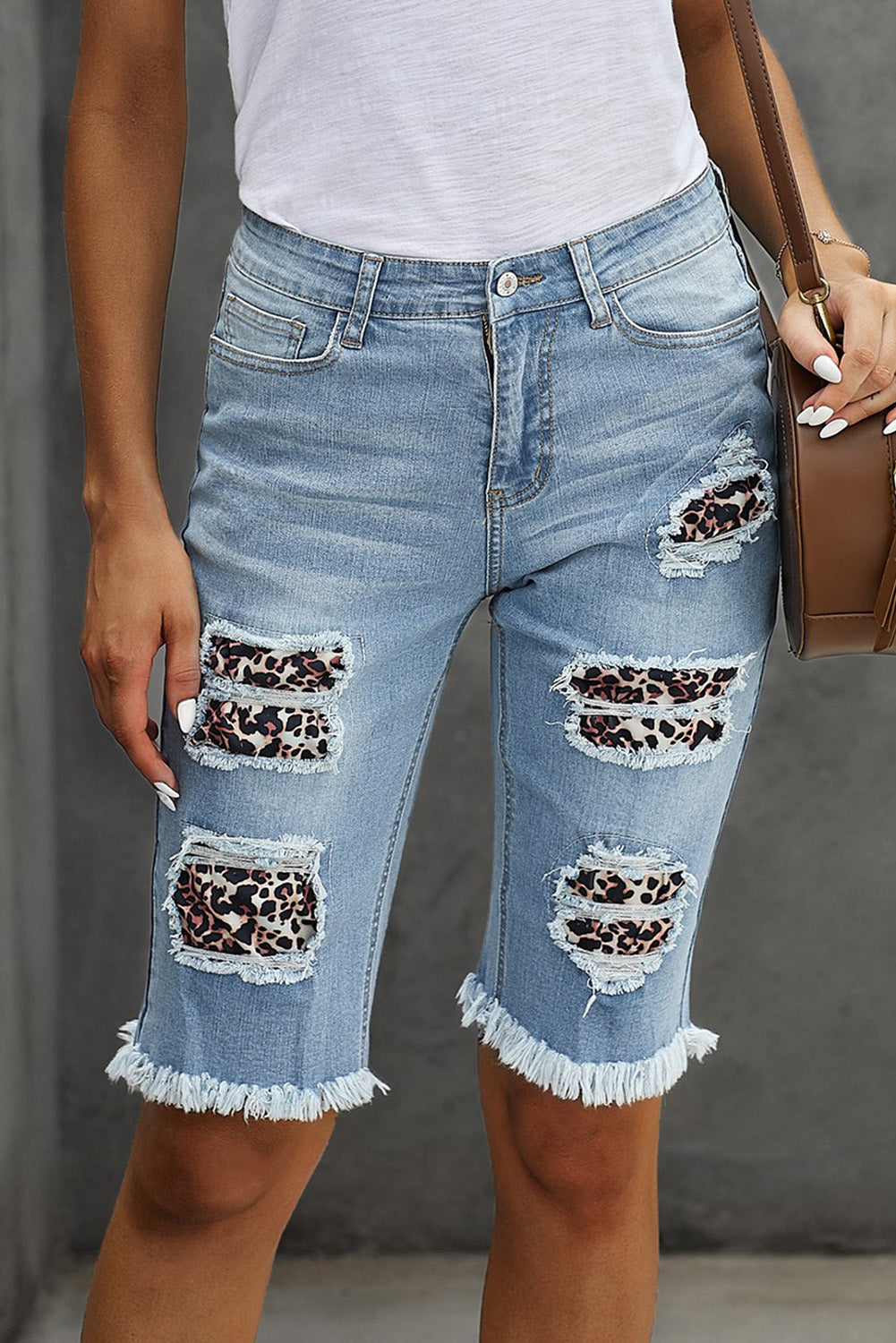 Mid-rise Ripped Leopard Patches Denim Bermuda Shorts