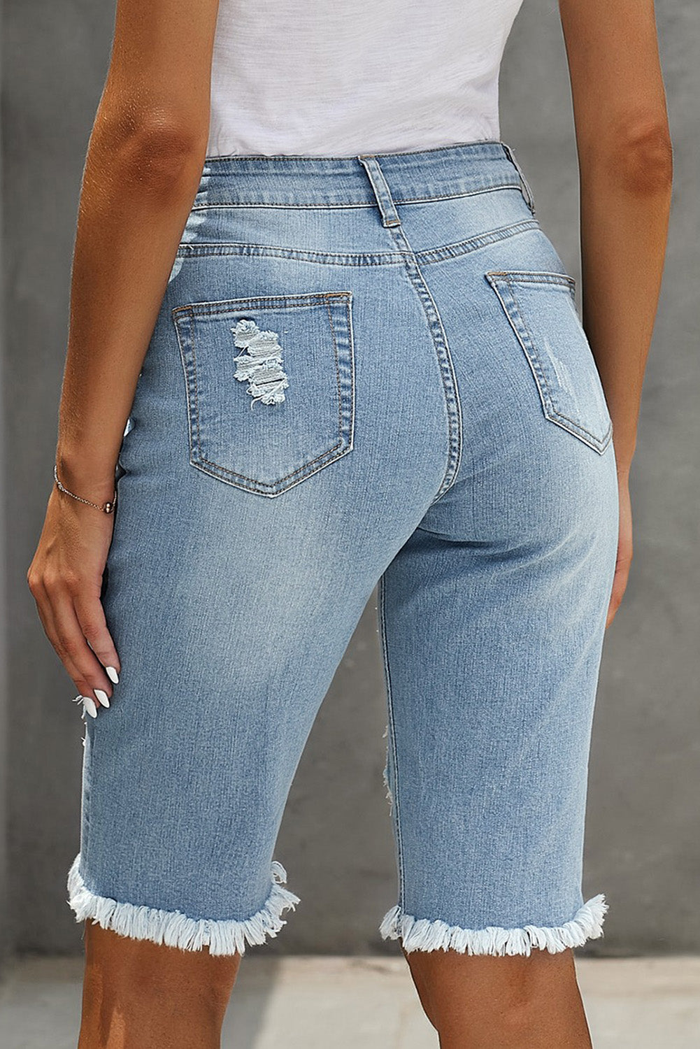 Mid-rise Ripped Leopard Patches Denim Bermuda Shorts