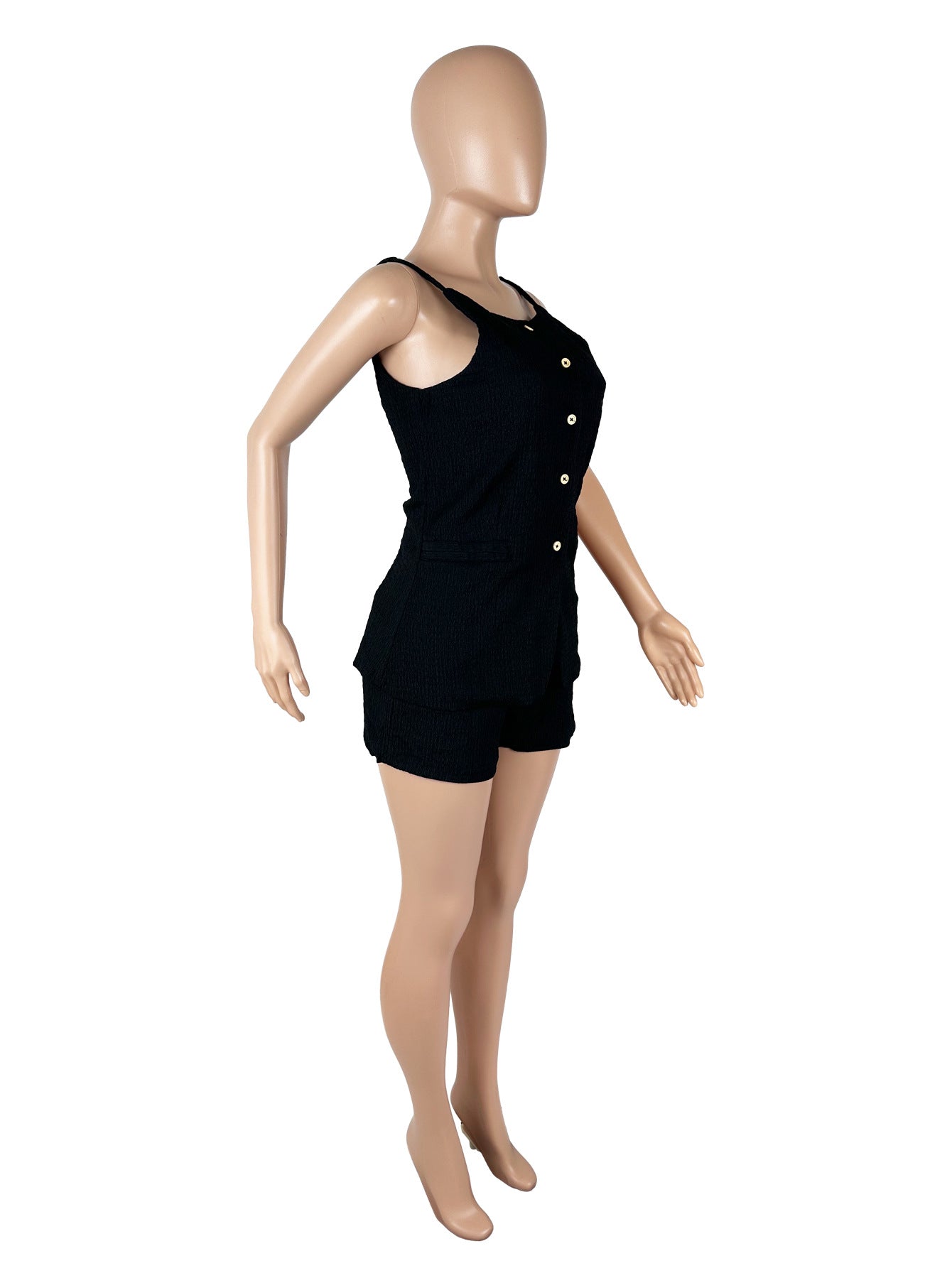 Strap Button Solid Color Vest and Shorts Set