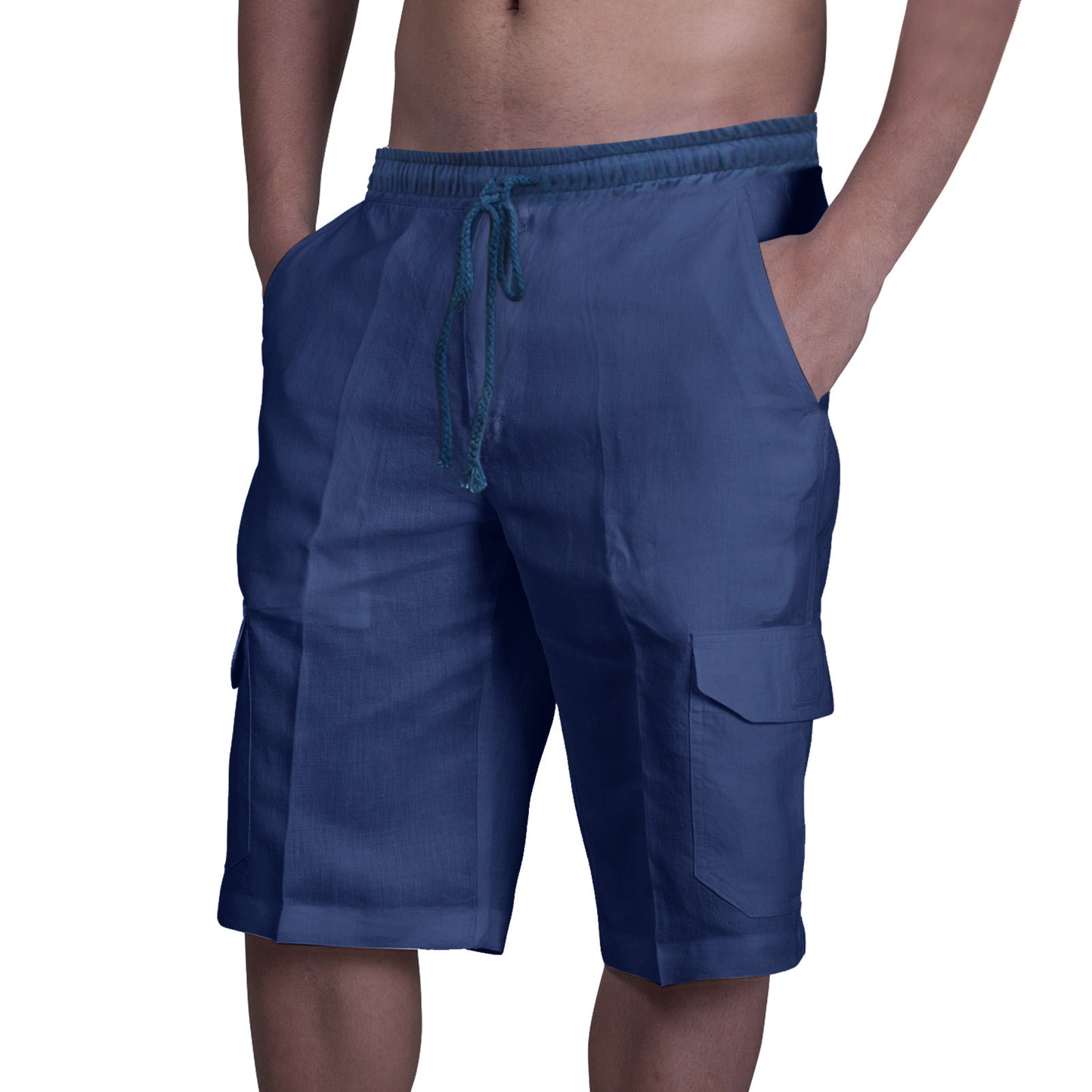 Linen shorts with multiple pockets and drawstring for men's beach work pants