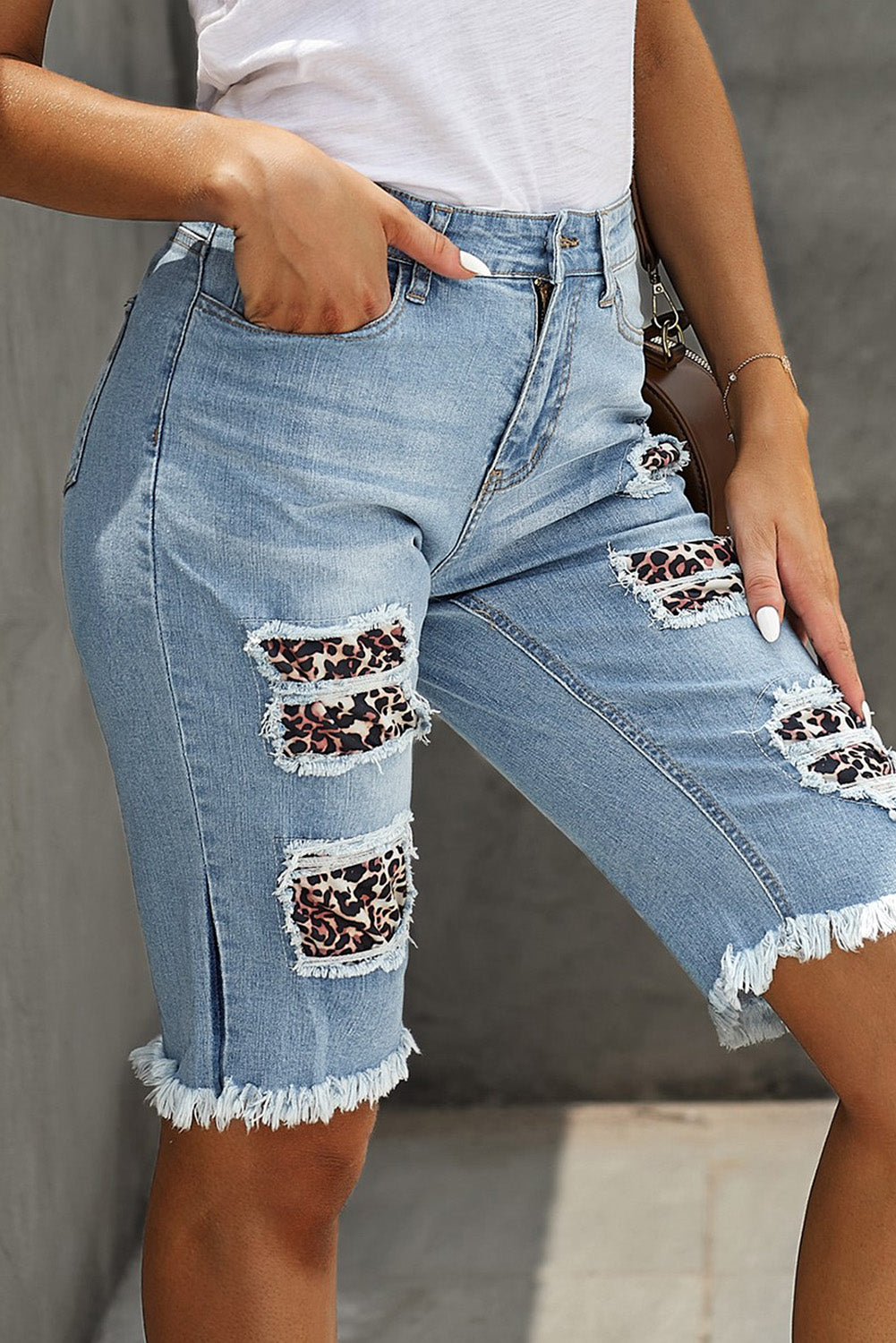 Mid-rise Ripped Leopard Patches Denim Bermuda Shorts
