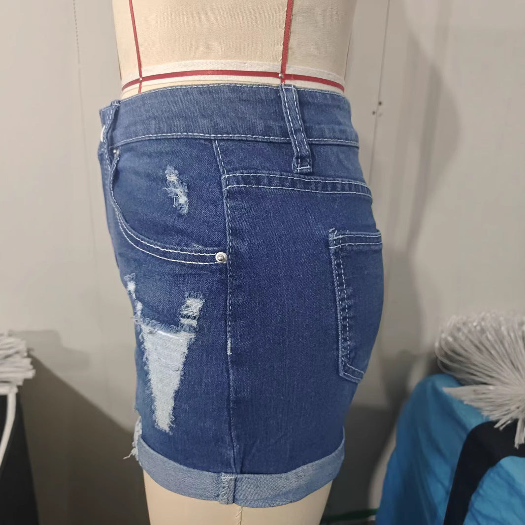 Elastic Hole Denim Shorts for Women, Casual High Waist Denim Shorts