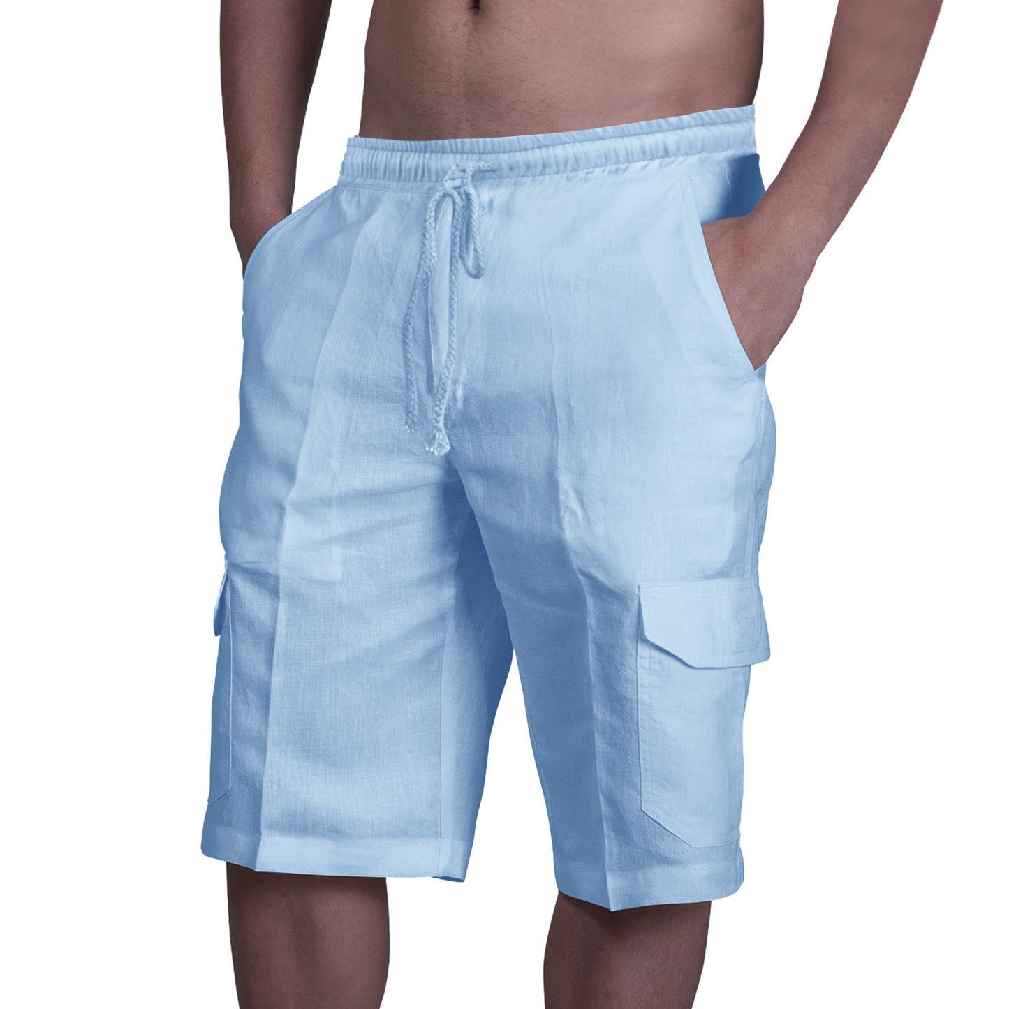 Linen shorts with multiple pockets and drawstring for men's beach work pants