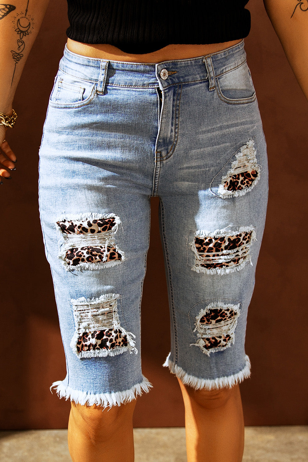 Mid-rise Ripped Leopard Patches Denim Bermuda Shorts