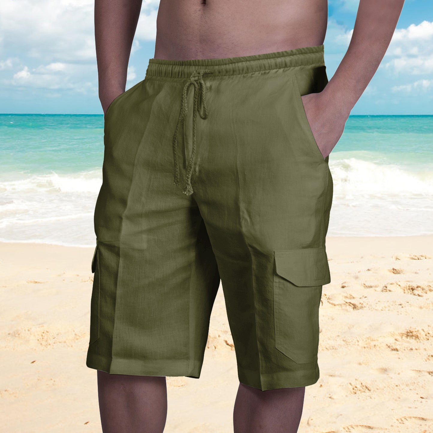 Linen shorts with multiple pockets and drawstring for men's beach work pants