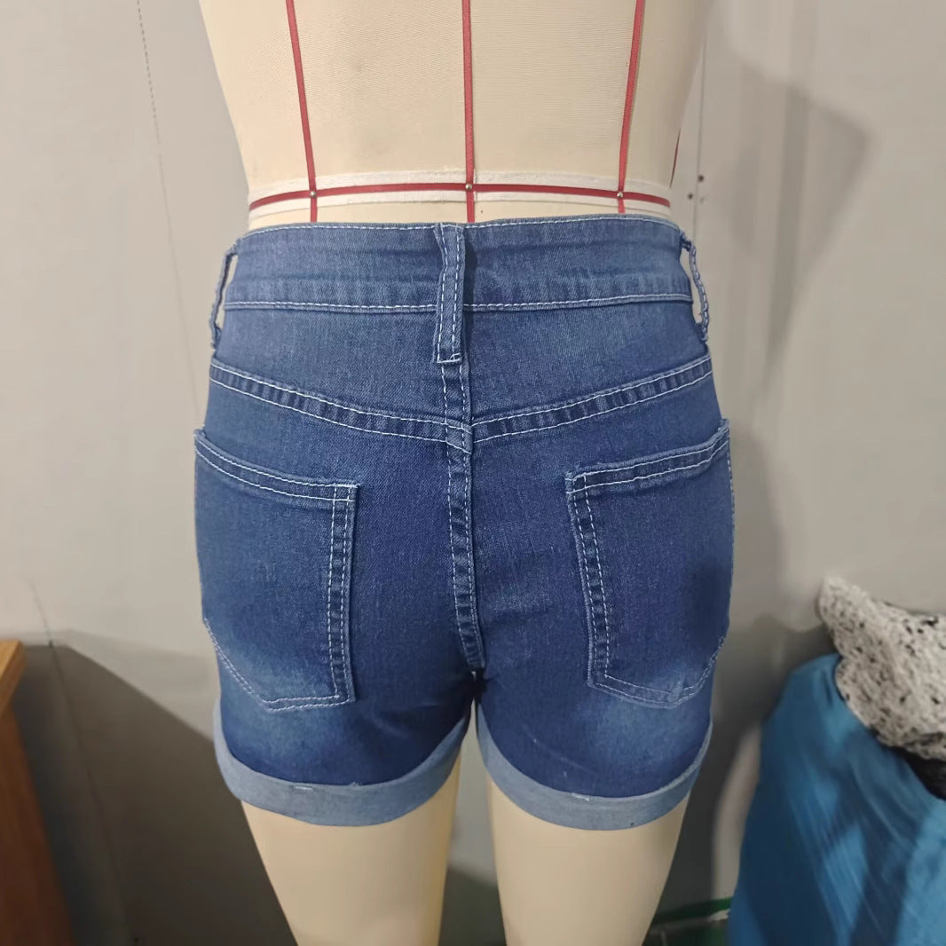 Elastic Hole Denim Shorts for Women, Casual High Waist Denim Shorts