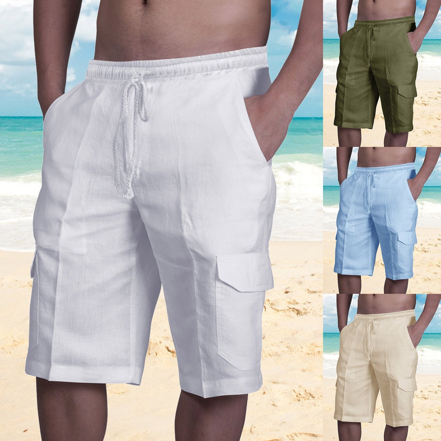 Linen shorts with multiple pockets and drawstring for men's beach work pants