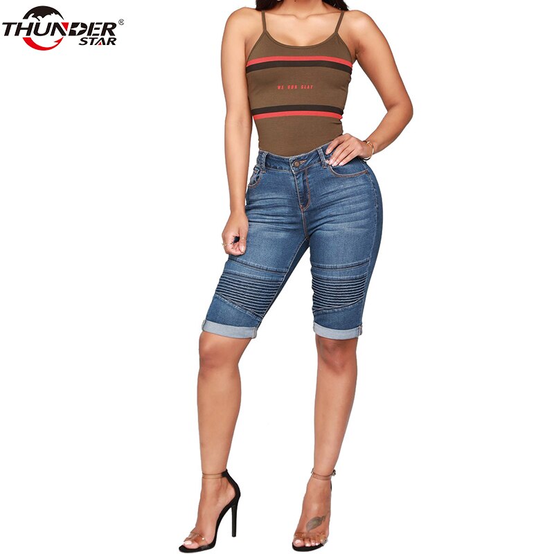Denim Bermuda Shorts Women Middle Rise Elastic Knee Length Shorts Summer Curvy Stretch Moto Short Jeans Pants
