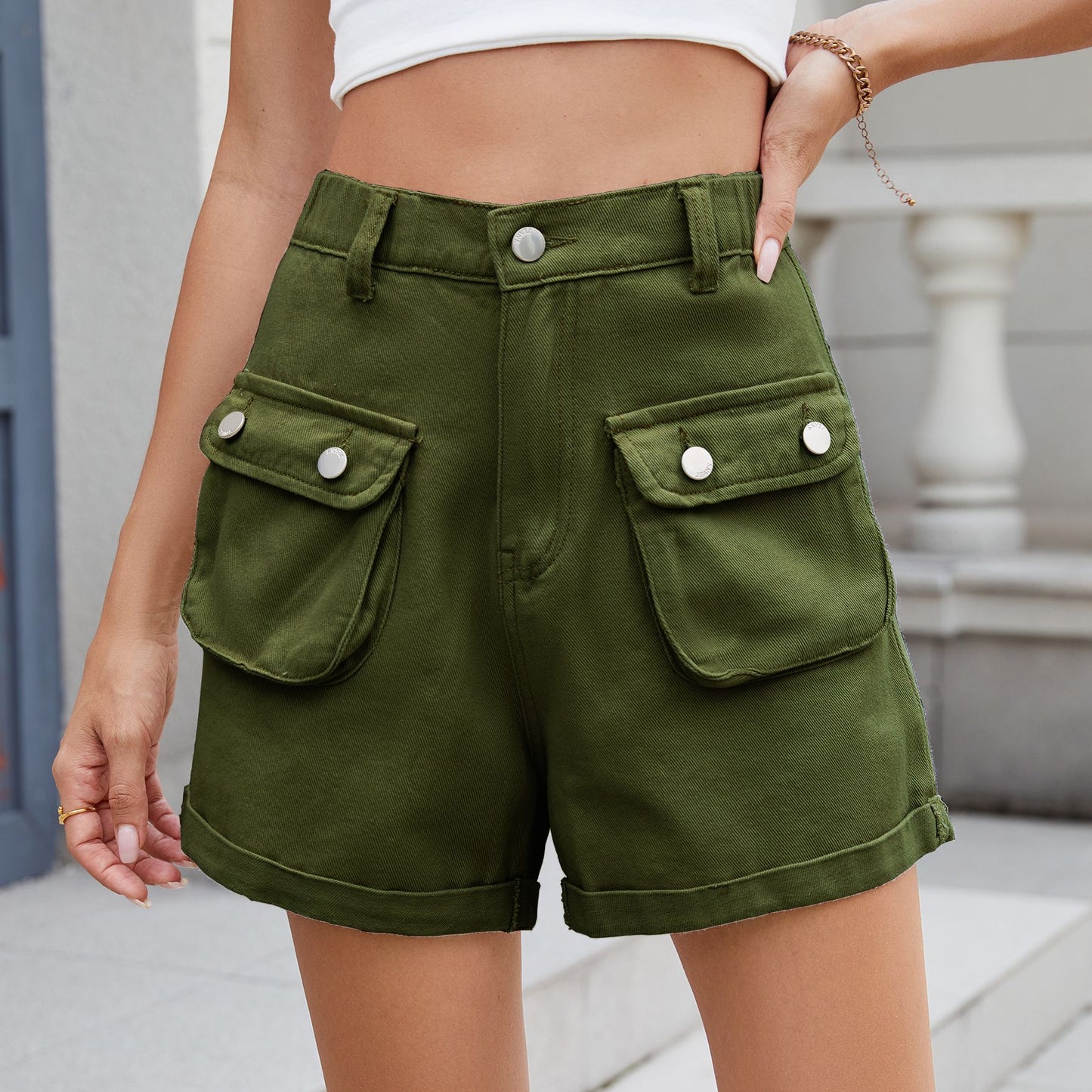European and American women's casual three-dimensional pocket workwear shorts denim shorts