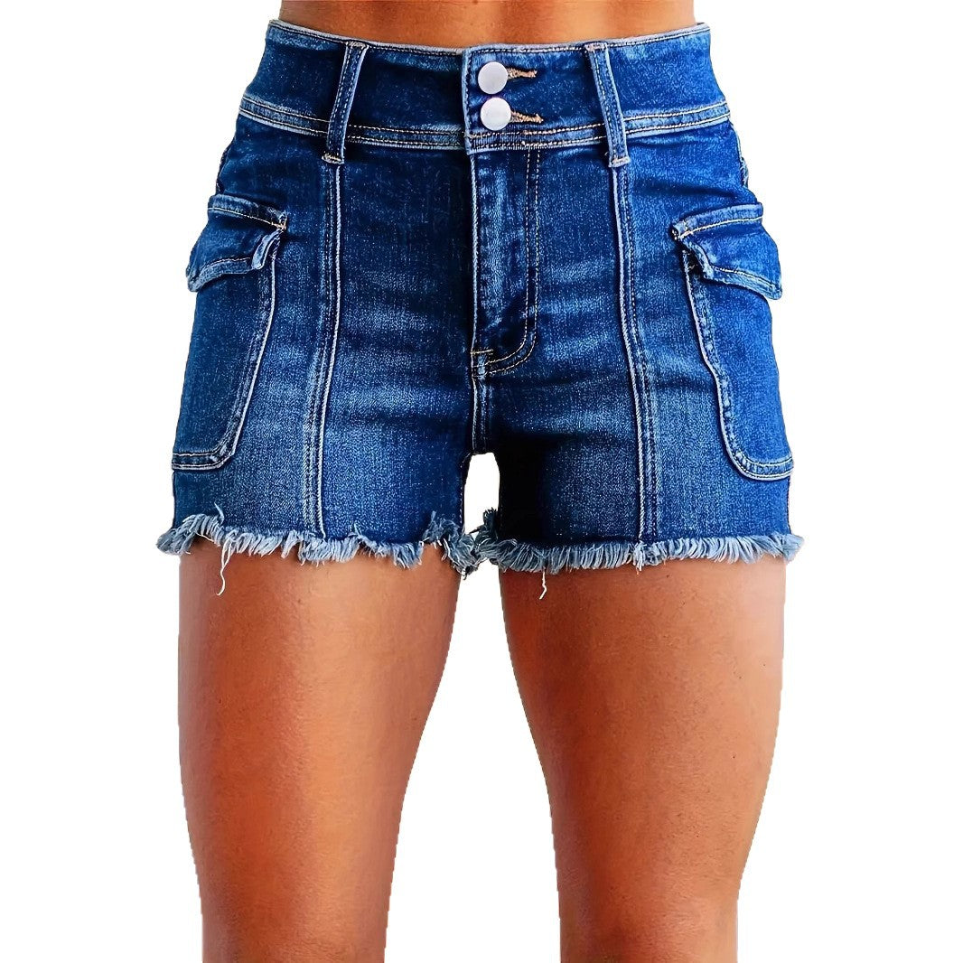Elastic High-Waist Washed Women's Denim Shorts with Double Buttons
