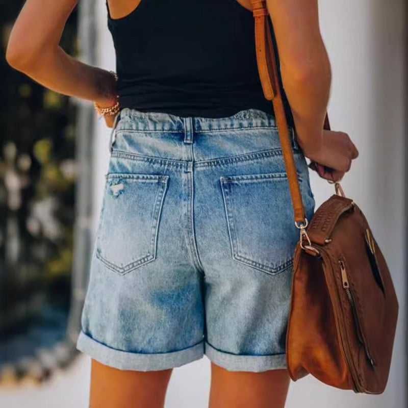 Fashion Street Style Rolled Hem Distressed Straight Leg Women's Denim Shorts