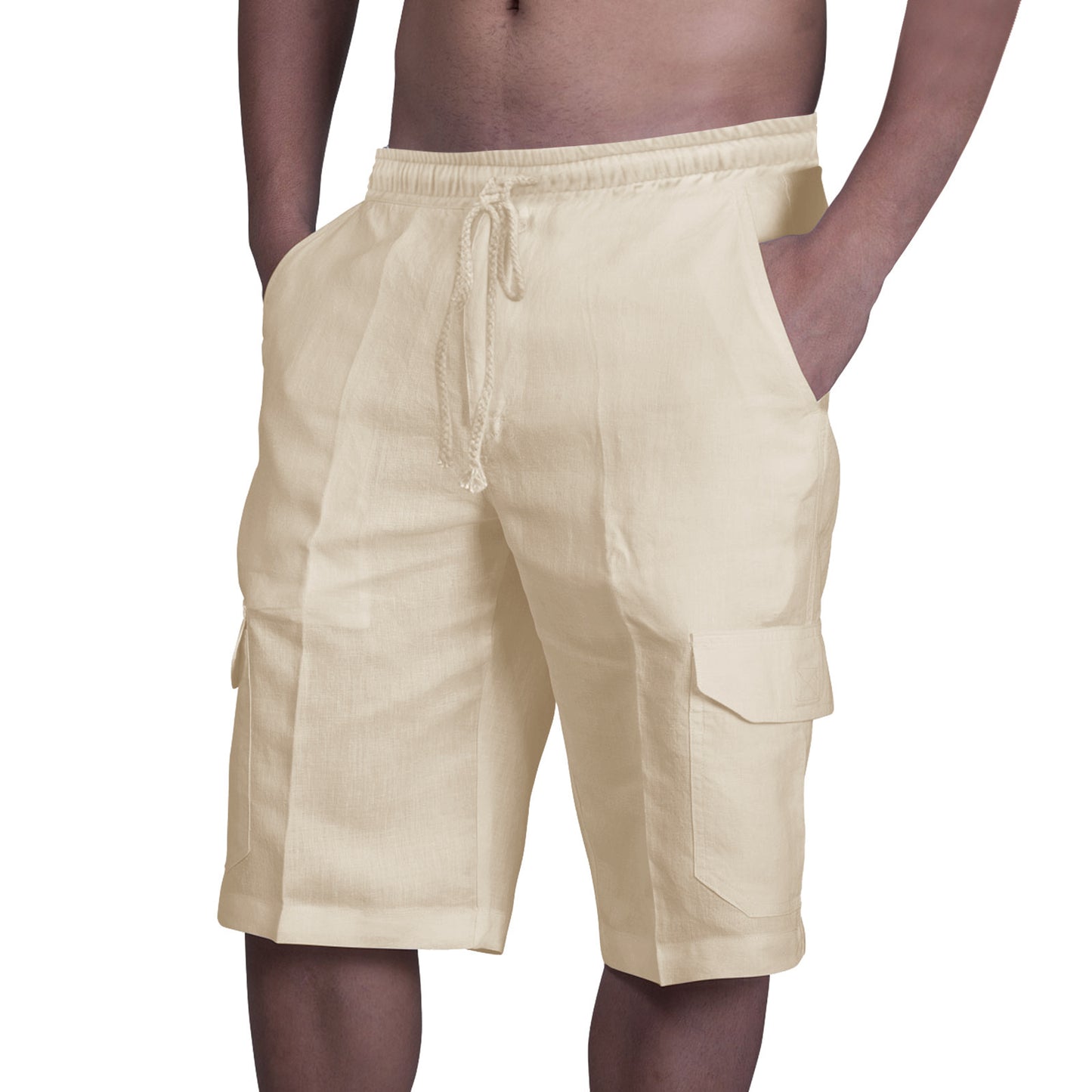 Linen shorts with multiple pockets and drawstring for men's beach work pants