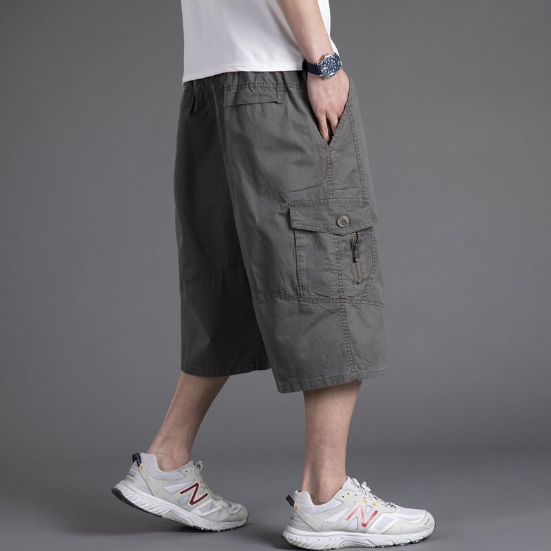 Men's loose casual shorts with cropped pants solid color middle-aged and elderly work pants