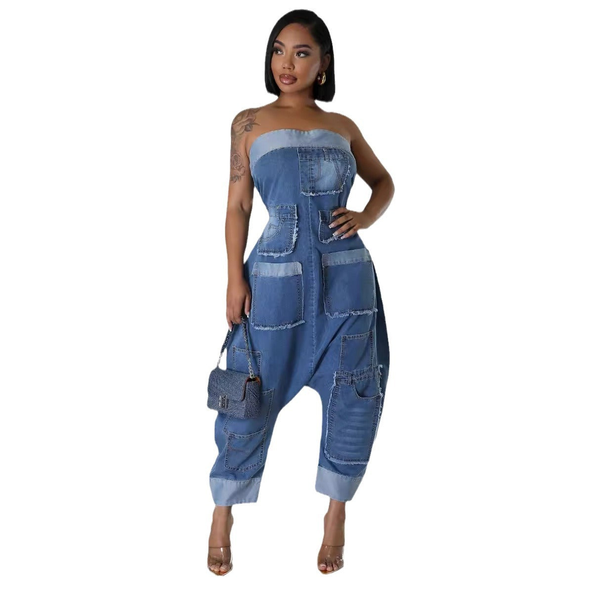 Cowboy workwear with multiple pockets and patchwork washable loose sleeveless jumpsuit