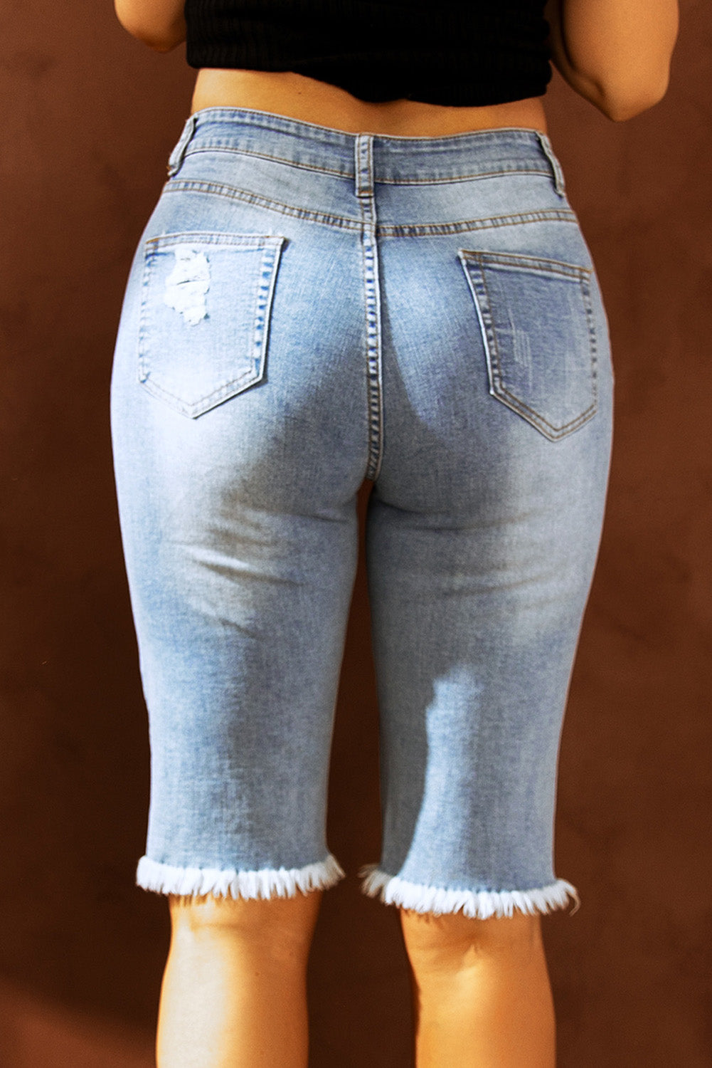 Mid-rise Ripped Leopard Patches Denim Bermuda Shorts