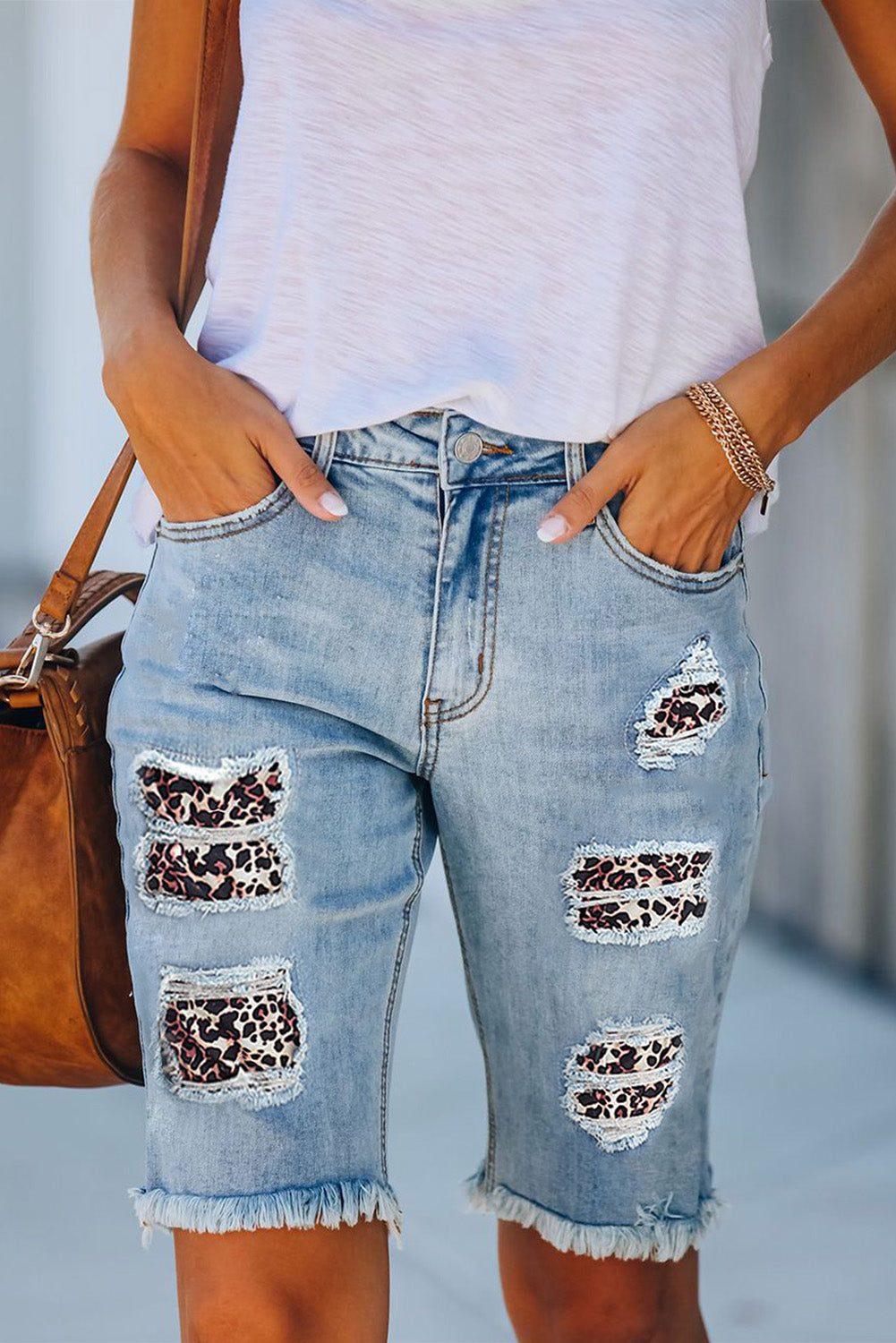 Mid-rise Ripped Leopard Patches Denim Bermuda Shorts