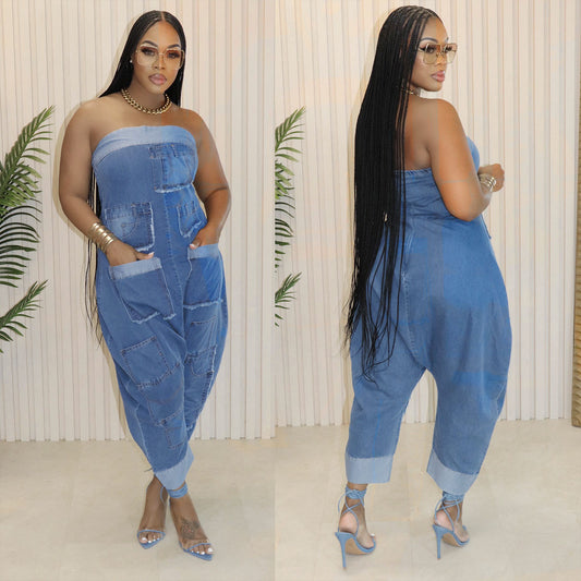 Cowboy workwear with multiple pockets and patchwork washable loose sleeveless jumpsuit