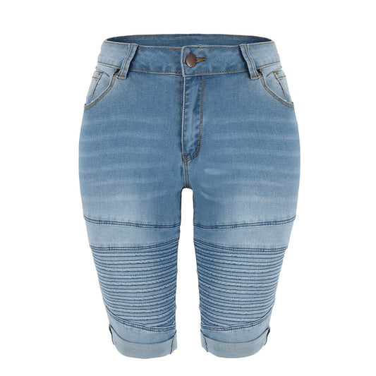 Denim Bermuda Shorts Women Middle Rise Elastic Knee Length Shorts Summer Curvy Stretch Moto Short Jeans Pants