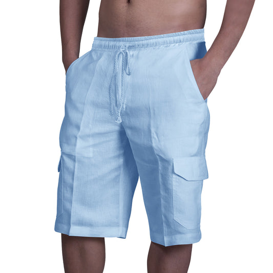 Linen shorts with multiple pockets and drawstring for men's beach work pants
