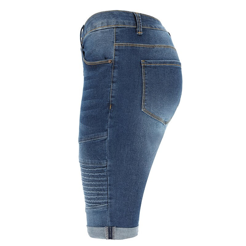 Denim Bermuda Shorts Women Middle Rise Elastic Knee Length Shorts Summer Curvy Stretch Moto Short Jeans Pants