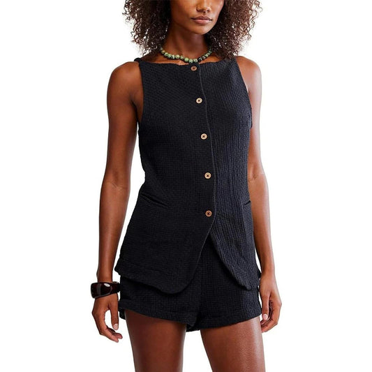 Strap Button Solid Color Vest and Shorts Set